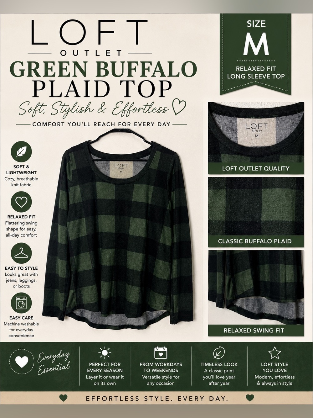 LOFT Green and Black Buffalo Plaid Long Sleeve Top